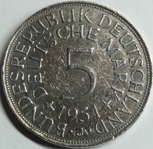 5,- DM - 1951 J SILBER Heiermann /Silberadler ss-vz/vf- xf + Kapsel - Picture 1 of 4