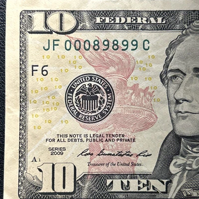 2009 $10 Dollar Bill JF00089899 Trinary - Chunky Ladder - Low Serial Number - Image 1 of 3
