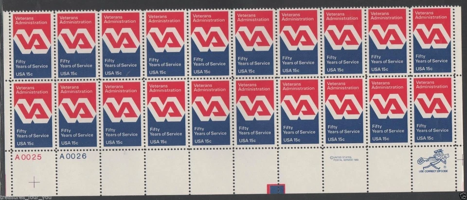 US #1825 15c Plate Block of 20 1980 VA Veterans Administration 50th Annv MNH - Image 1 of 1