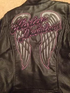 Chaqueta de Cuero Negro Harley Davidson Night Angel Bling WINGS 97013-14VW Xsmall - Imagen 1 de 6