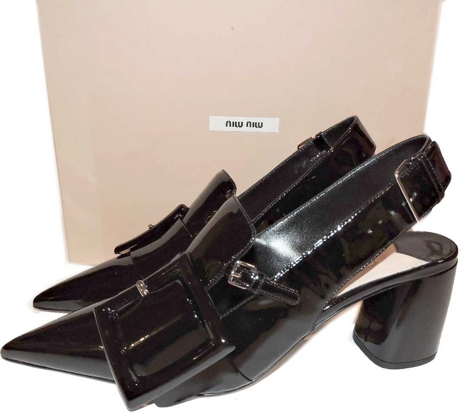 MIU Miu-prada Black Patent Strap Bow Mary Jane Sandals Shoes Slingback 37