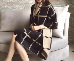 Plaid Oversized Checker Cashmere Blanket Tassel Long Scarf Shawl - Black White - Picture 1 of 2