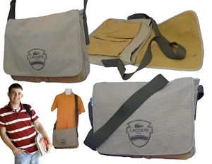 LACOSTE MESSENGER BAG Canvas Large Vintage N52 West Village 1 Stone Grey NEW - Picture 1 of 7