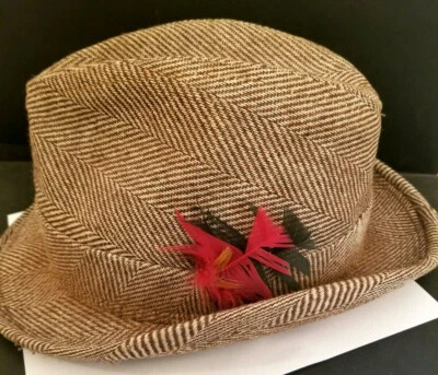 Vintage Mens Fedora Hat Brown Hounds Tooth w Feather + Brim Sz 7 - Image 1 of 4