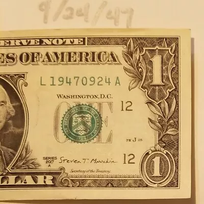 Birthday Note September 24, 1947 $1 Dollar Bill Fancy Serial Series 2017 Holder - Image 1 of 4
