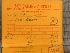 Recibo de venta vintage Sky Sailing Airport 1970 Fremont California George Keer - Imagen 1 de 4