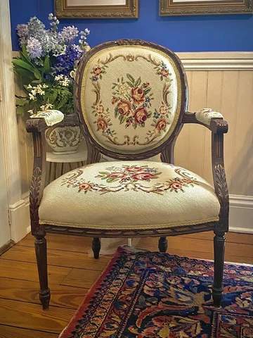 Antique French Louis XVI Arm Chair with Needlepoint Upholstery Cover