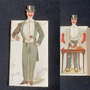 ANTIQUE VICTORIAN SHAPED CHRISTMAS CARD MAN DRESSED & IRONING 3 FOLD