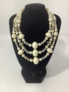 Unbranded Vintage Triple Strand Faux Crystal And Pearl 14” Necklace - Picture 1 of 4
