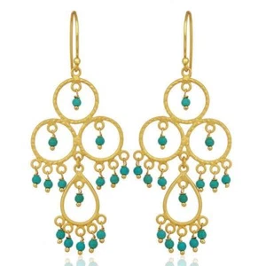 Turquoise 18K Gold Plated 925 Sterling Silver Dangle Earrings Gemstone Jewelry - Picture 1 of 5