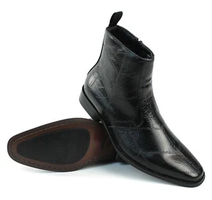 Black Men's Snake Print Chelsea Western Boots Almond Toe Side Zipper Ankle High - Picture 1 of 6