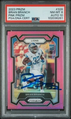 BRIAN BRANCH SIGNED 2023 PANINI PINK PRIZM #328 RC PSA 8 AUTO 10 - Image 1 of 2