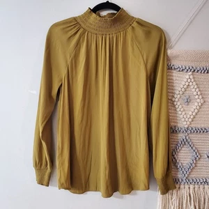 Chico's Olive Green Mock Neck Satin Feel Blouse Size 1/M - Picture 1 of 14