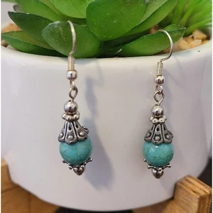 Turquoise Drop Earrings Boho Style Dangle Earrings Silver Tone Jewelry - Picture 1 of 6