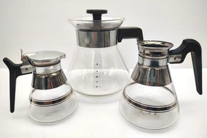 Vintage Trio Glass 8 Cup Coffee Pot 2 Small Syrup/Tea Carafes Bakelite Chrome - Picture 1 of 8