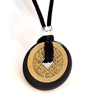 Obsidian Donut Pendant Coin Necklace Gemstone Amulet Feng Shui Cord Jewellery - Picture 1 of 12