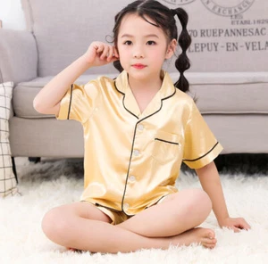 Children Kid Girls Boys Silk Satin Pajamas Pyjamas Kids Sleepwear Sets Nightwear - Picture 1 of 19