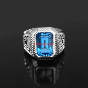Natural Azul Piedra Topacio Con 18K Oro Blanco Chapado Plata Hombres Ring #1015 - Imagen 1 de 10