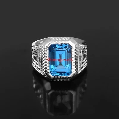 Natürlich Blau Topas Edelstein Mit 18K Weiß Vergoldet Silber Herren Ring #1015 - Bild 1 von 4