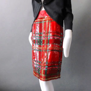 Sequin Beaded Preppy Red Green Tartan Skirt Heavily Beaded 80s Glam sz 8 10 M - Picture 1 of 12