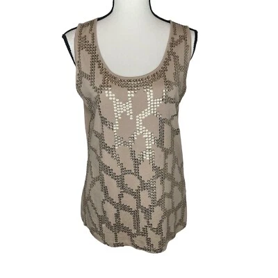 Top elástico Dana Buchman beige cuello redondo lentejuelas doradas para mujer pequeño sin mangas Foto 1 de 4