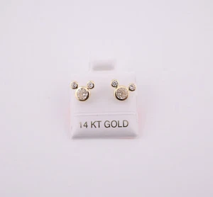 Women's 14k Gold Silver Mickey Mouse Novelty CZ Mini Stud Earrings w/ Screw Post - Picture 1 of 10