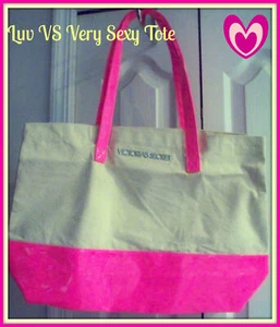NWT $78 Victoria's Secret LOGO Large PINK VINYL Canvas TOTE Purse BEACH SUMMER - Picture 1 of 8