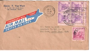 22 ) US airmail label cover . United Airlines 1939 LA to San Jose Costa Rica - Picture 1 of 2