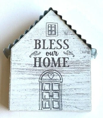 Ganz Wood Block Tin Roof Home Figurine w/Message "Bless Our Home" 3"x4" - Image 1 of 4