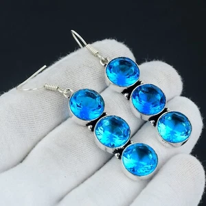 Svizzero Blu Topazio Gemma Orecchini Pendenti 925 Argento Sterling Mano Gioielli - Foto 1 di 4