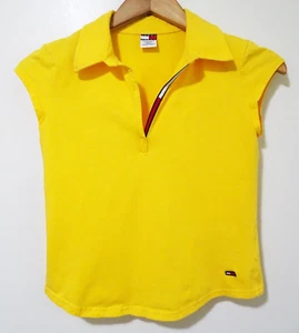 S/M Vtg 90s Y2K Tommy Girl Jeans Flag Collar Yellow Club Kid Euro Rave Shirt - Picture 1 of 8