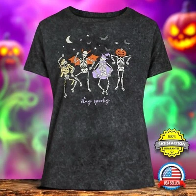 WOMEN'S LARGE Stay Spooky Mineral Wash T-Shirt Halloween Dancing Skeleton Black - Image 1 of 4