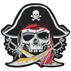 Pirate Skull Iron-on & Sew-on Back Patch | Jolly Roger Biker Motorcycle Logo - Picture 1 of 4