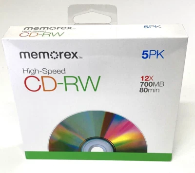New, Memorex High Speed CD-RW Discs. 5-Pack. 12x /700MB/80 Minute, Free Shipping - Image 1 of 4