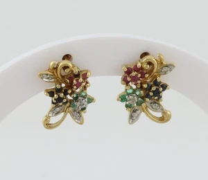 Gold Over Sterling Silver Natural Ruby Sapphire Emerald Diamond Earrings Studs - Picture 1 of 10