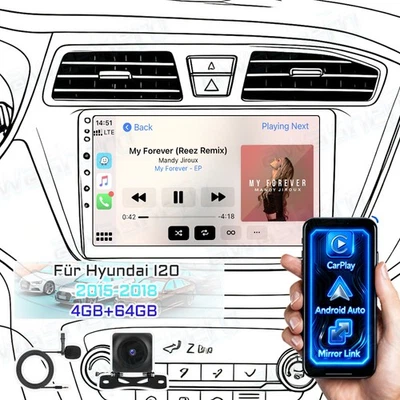 4+64GB Android 15 Autoradio GPS Navi WIFI Carplay Für Hyundai I20 2015-2017 +KAM - Bild 1 von 4