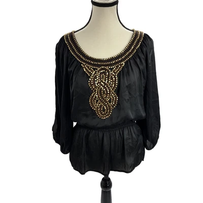 Blusa negra Bebe para mujer talla S adornada con cuentas cuello redondo manga larga Foto 1 de 4