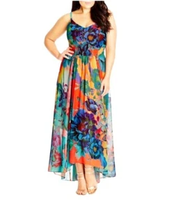 City Chic Maxi Hot Summer Days Blumenmuster Koralle Ärmellos High-Low Saum M - Bild 1 von 15