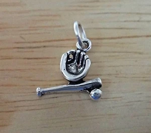Sterling Silver Small 12x13mm Baseball Softball Bat Ball Glove Charm - Picture 1 of 4
