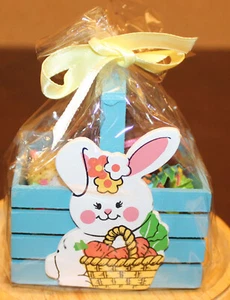 Vintage Wooden Easter Blue Bunny Doll Size Basket- w/Felt Bunny - Picture 1 of 7