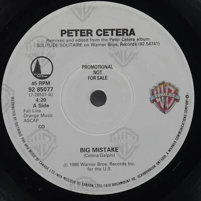 PETER CETERA Big Mistake WARNER 92 85077 VG+ 45 7" 1986 Soft Rock - Image 1 of 4