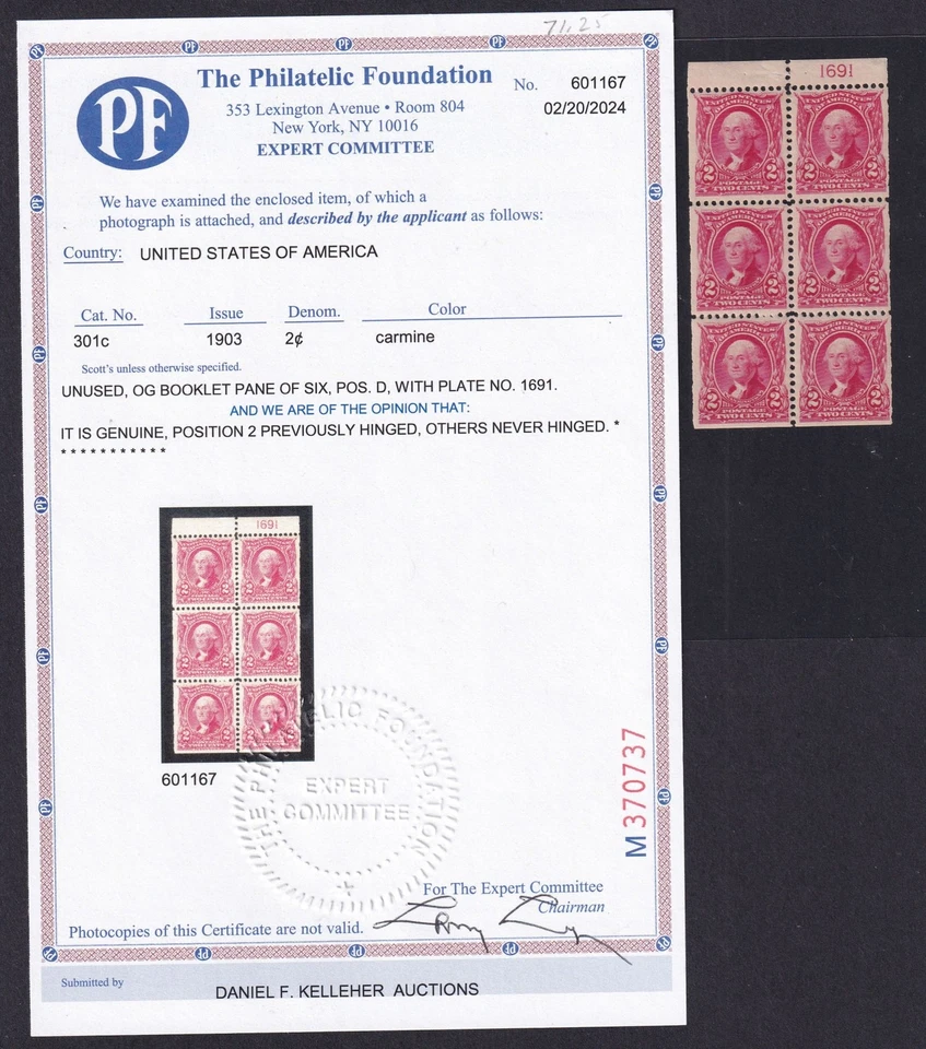 1903 Washington 2c booklet pane Sc 301c position D XF plate number MH OG PF cert - Image 1 of 3