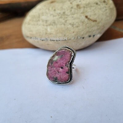 Precioso anillo hecho a mano con piedras preciosas de rodonita cruda de plata de ley 925 para regalo PG3951 Foto 1 de 4