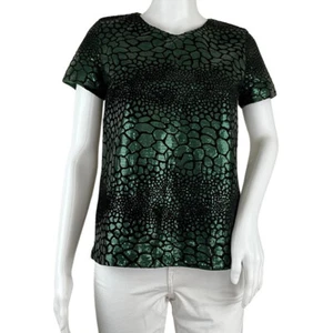 French Connection Women's Print Details Green Metallic Short Sleeves Sz 6 - Picture 1 of 8