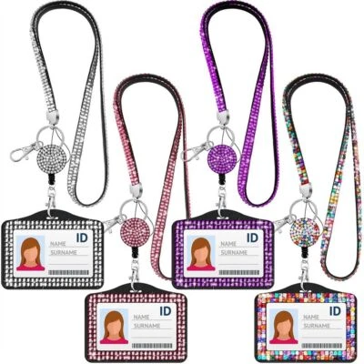 Rhinestone Bling Crystal Lanyard Sling Vertical Card ID Badge Holder Retractable
