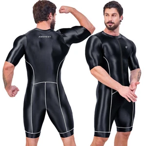 AMORESY Mens Smooth Oil Tracksuits Swimming Cycling Zipper Half Sleeve Bodysuits - Picture 1 of 34