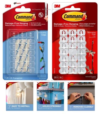 3M Command Decorating Hooks Clips Self-Adhesive Strips Wall Hanging Fairy Lights - Image 1 of 4