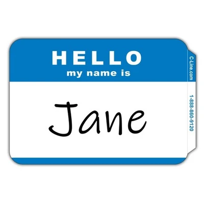 C-Line Hello Name Badge Self Stick 100/Pk Blue 3-1/2"X2-1/4" School Office Party - Image 1 of 2