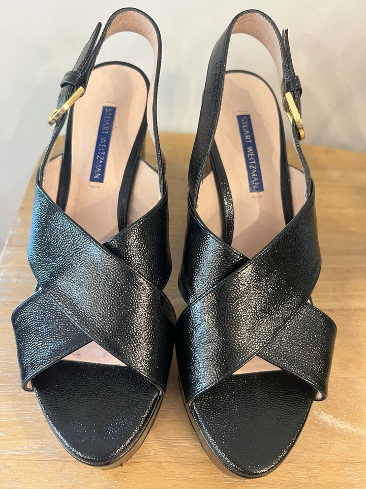 Stuart Weitzman Jerry Sandal Size 8 Black Pebble Leather Block Heel Slingback - Image 1 of 4