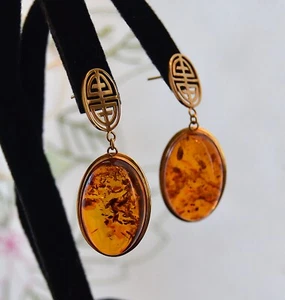 Estate 16K Yellow Gold Russian Baltic Honey Amber Dangle Drop Post EARRINGS - Picture 1 of 4